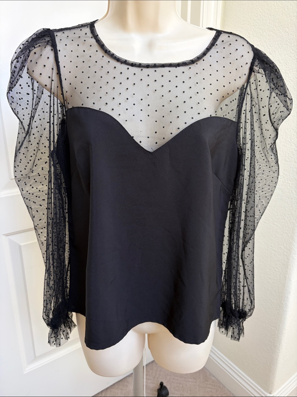 Sheer Polka Dot Black Puff Sleeve Blouse